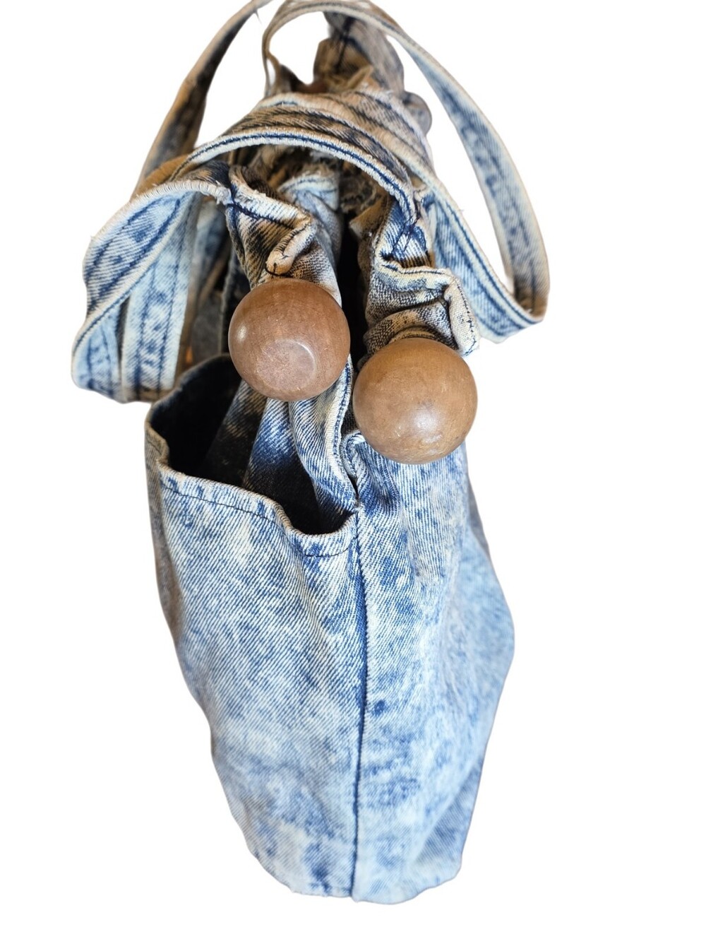 VTG 1980s Acid Wash Denim Shoulder Bag Drawstring Wood Bead Boho Slouchy Tote - Picture 6 of 15